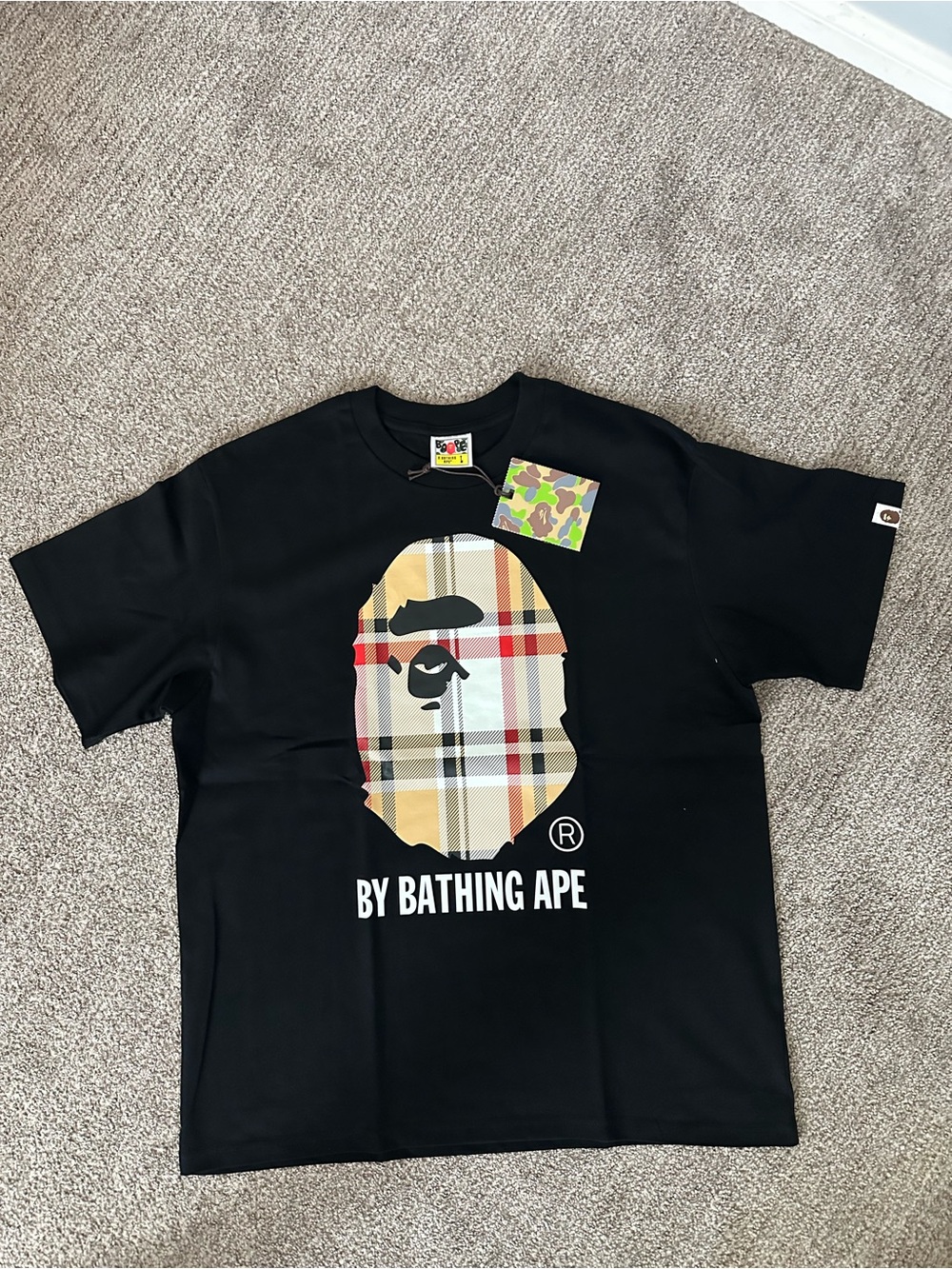 Bape Black T-Shirt with Beige Plaid Ape Logo